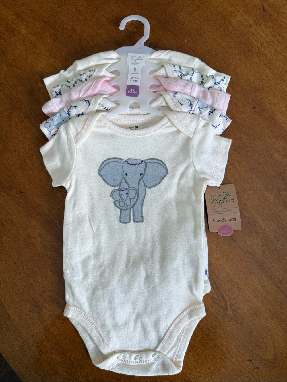 Touched by Nature Organic Cotton Cream & Pink Elephant Baby Bodysuit - 5-Pack